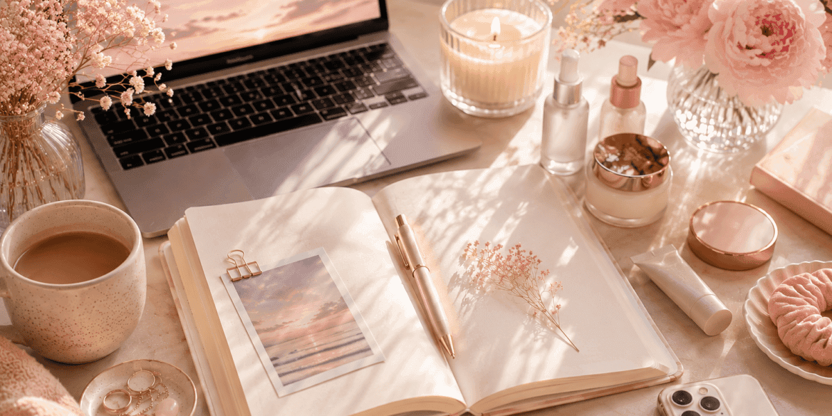 Soft pastel desk flat lay with an open journal, laptop, beauty items, flowers, coffee, and warm light for the bioshawna welcome post.
