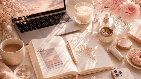 Soft pastel desk flat lay with an open journal, laptop, beauty items, flowers, coffee, and warm light for the bioshawna welcome post.
