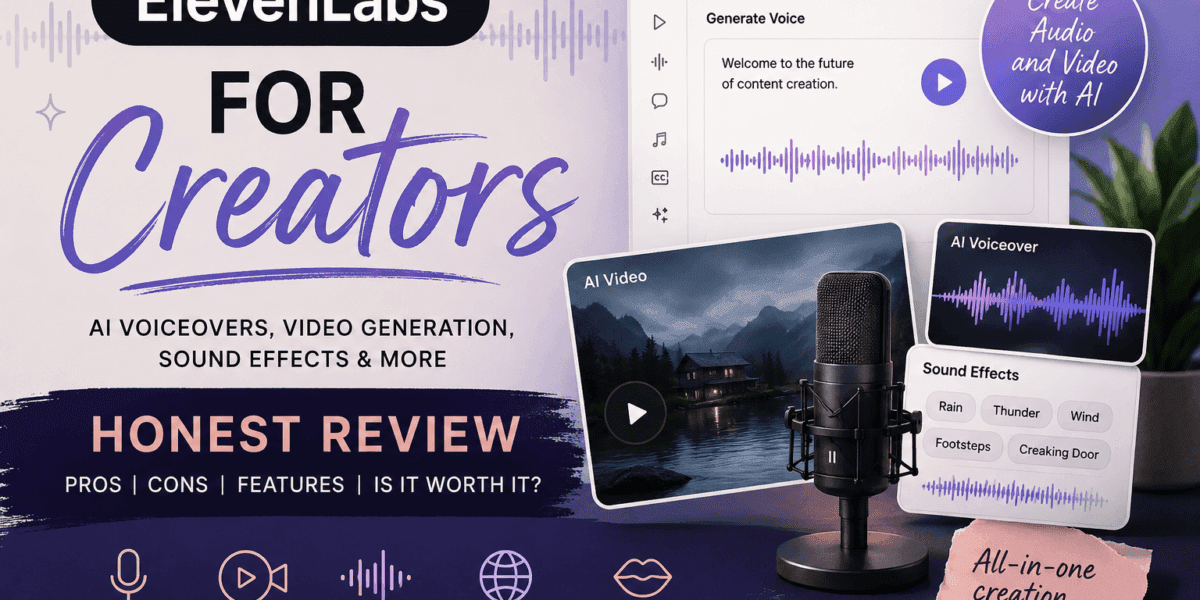 Featured image for an ElevenLabs review showing AI voiceover, video generation, sound effects, dubbing, and creator tools in a polished pastel tech design.