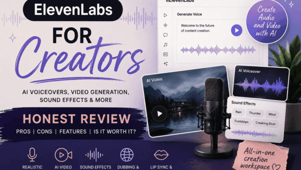 Featured image for an ElevenLabs review showing AI voiceover, video generation, sound effects, dubbing, and creator tools in a polished pastel tech design.