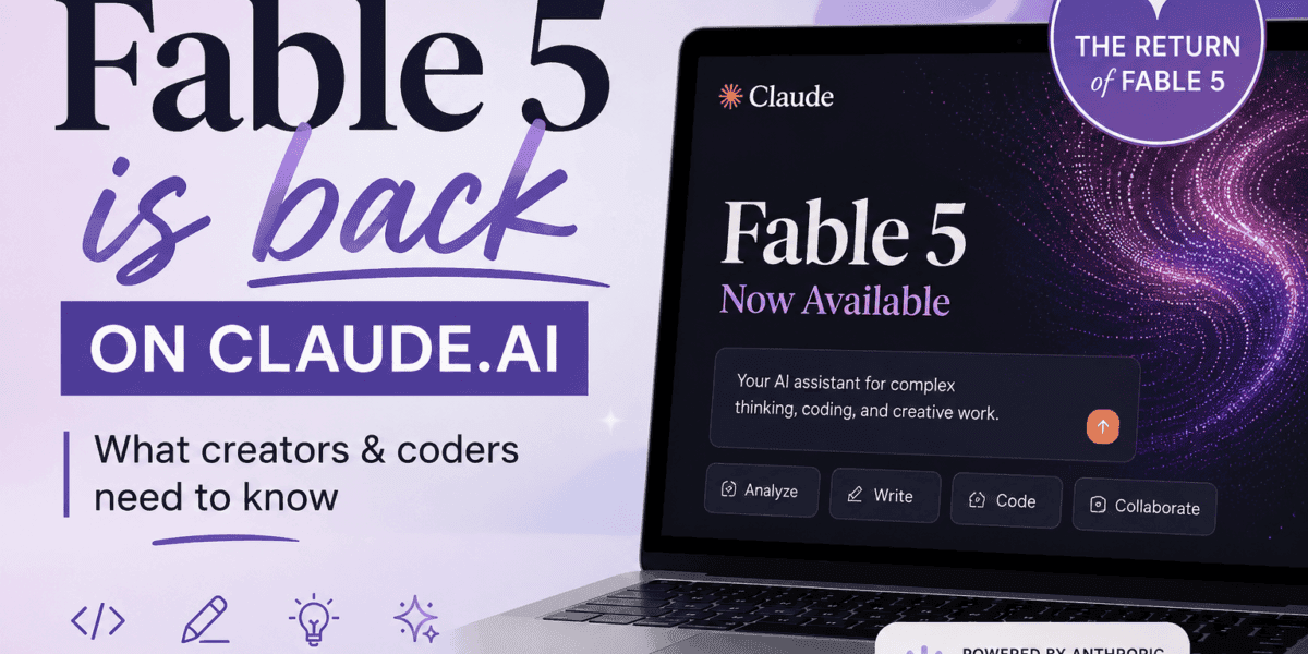 Featured image for a post about Fable 5 returning to Claude.ai, showing a polished purple tech graphic with Claude, coding, writing, strategy, and creative work themes.