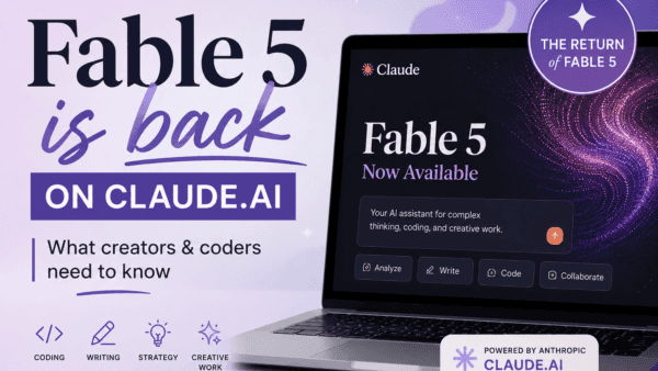 Featured image for a post about Fable 5 returning to Claude.ai, showing a polished purple tech graphic with Claude, coding, writing, strategy, and creative work themes.